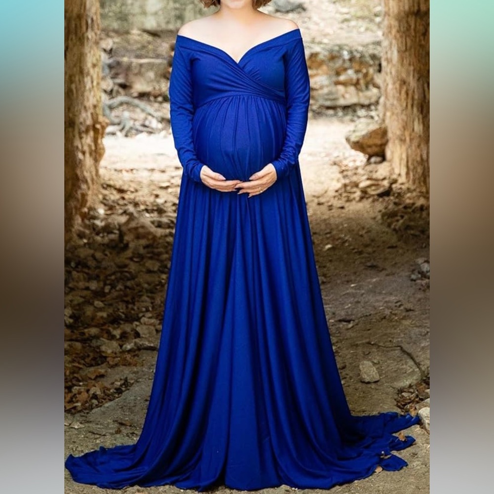 NWT DOSE maternity, royal blue long sleeve Special event extra long gown, size S
